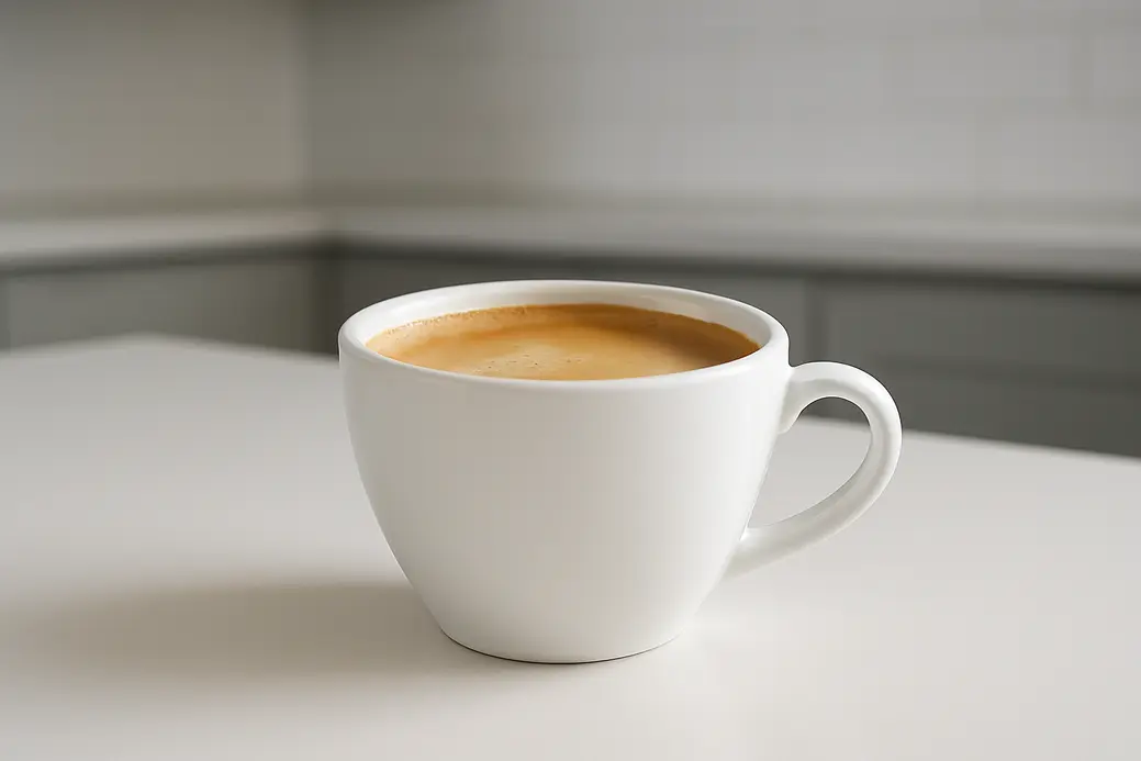 A white coffee cup with a smooth crema layer, placed centrally on a clean surface, photographed at a 45-degree angle with a modern kitchen background and soft even lighting