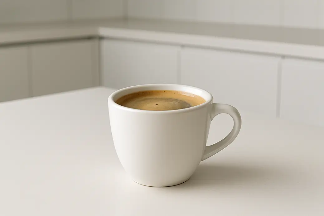 Clean product photo of a white coffee cup filled with coffee and a creamy crema layer, placed centrally on a modern kitchen surface, captured at a 45-degree angle with soft, even lighting.