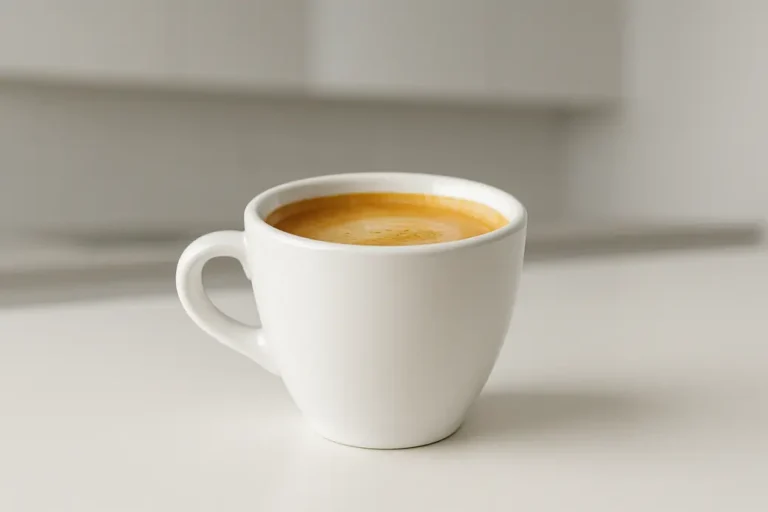 A white coffee cup captured at a 45 degree angle showing the smooth crema layer on top of the coffee, centered and clean in a modern kitchen environment.