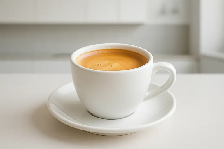 A white coffee cup seen from a 45-degree angle showing a smooth crema layer, placed centrally against a clean modern kitchen background with soft even lighting