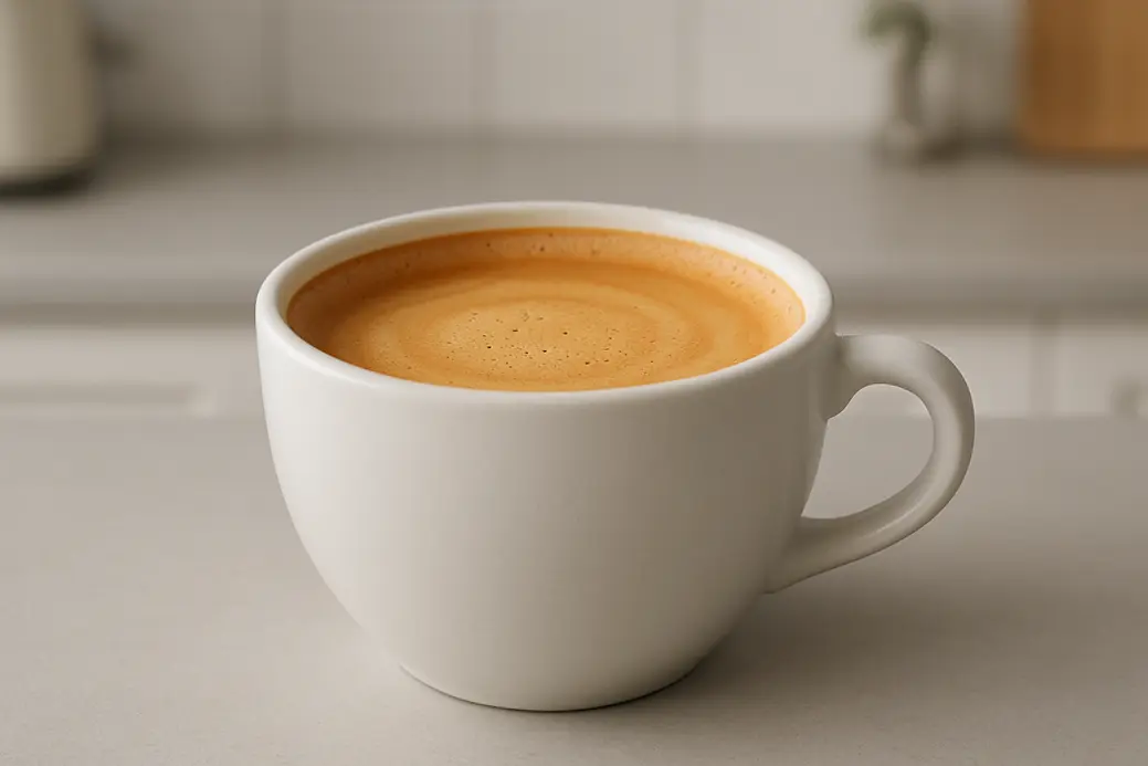 White coffee cup viewed at a 45-degree angle showing coffee with a smooth crema layer, set against a clean modern kitchen background with soft even lighting.