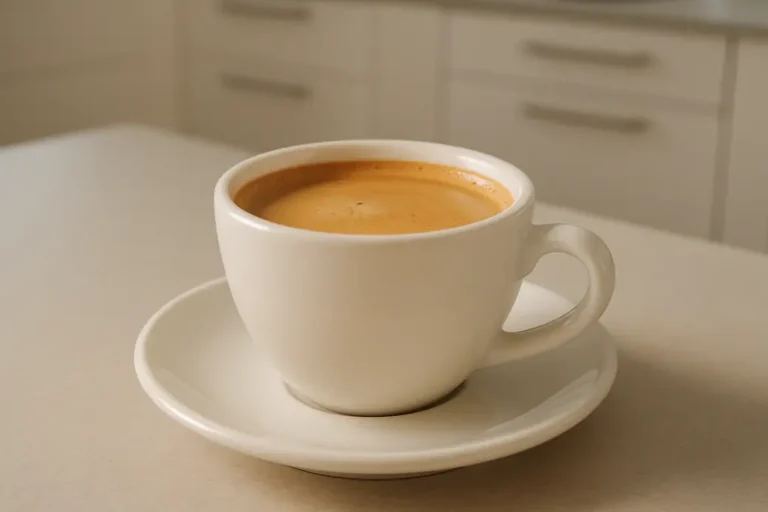 A white ceramic coffee cup filled with fresh coffee topped with a smooth crema layer, photographed at a 45-degree angle against a clean neutral background with soft even lighting in a modern kitchen setting.