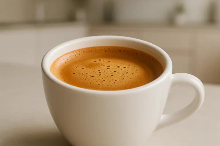 A clean white coffee cup photographed from a 45-degree angle, showing the fresh coffee with a detailed crema layer, placed centrally against a softly blurred modern kitchen background under soft even lighting.