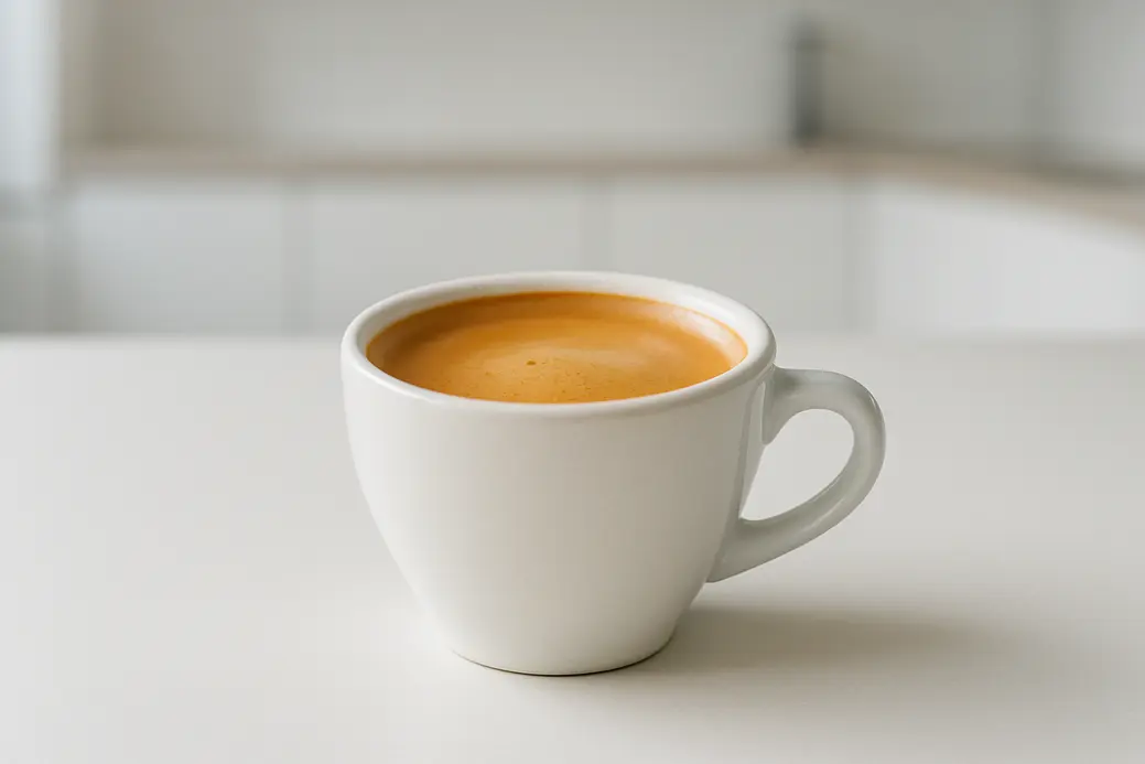 Close-up photo of a single white coffee cup filled with coffee topped by a smooth crema layer, shot at a 45-degree angle against a modern kitchen background with soft, even lighting