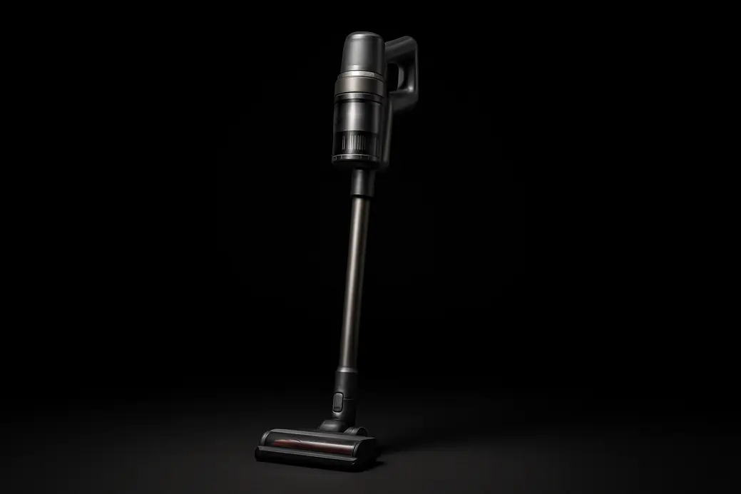 High-quality product photo of a complete wireless vacuum cleaner centered on a seamless black background with soft spotlight lighting highlighting its clean and professional design.