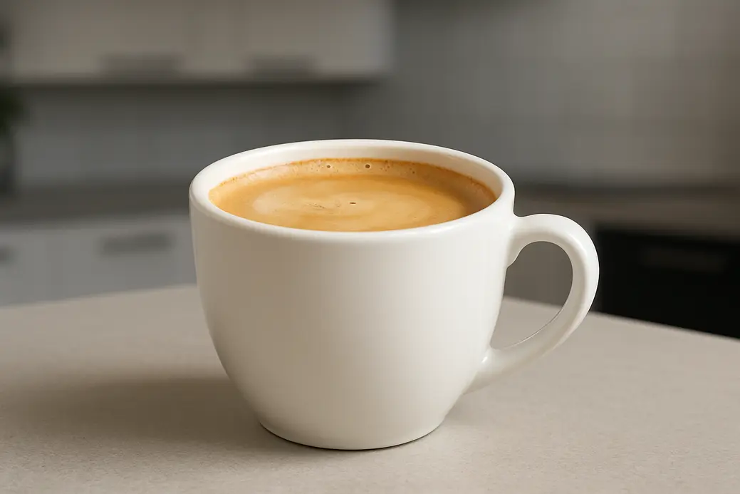 A white coffee cup filled with coffee topped with a creamy layer, photographed at a 45-degree angle in a modern kitchen setting with soft, even lighting.