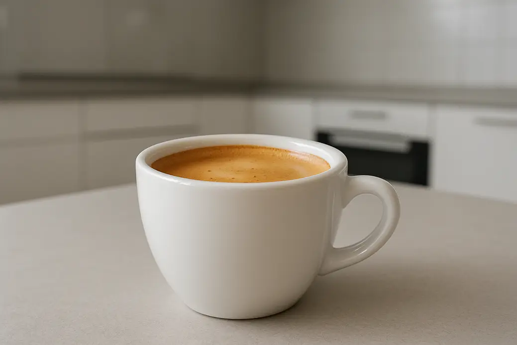 Eye-level photo of a single white coffee cup with a smooth crema layer, taken at a 45-degree angle in a modern kitchen with soft, even lighting