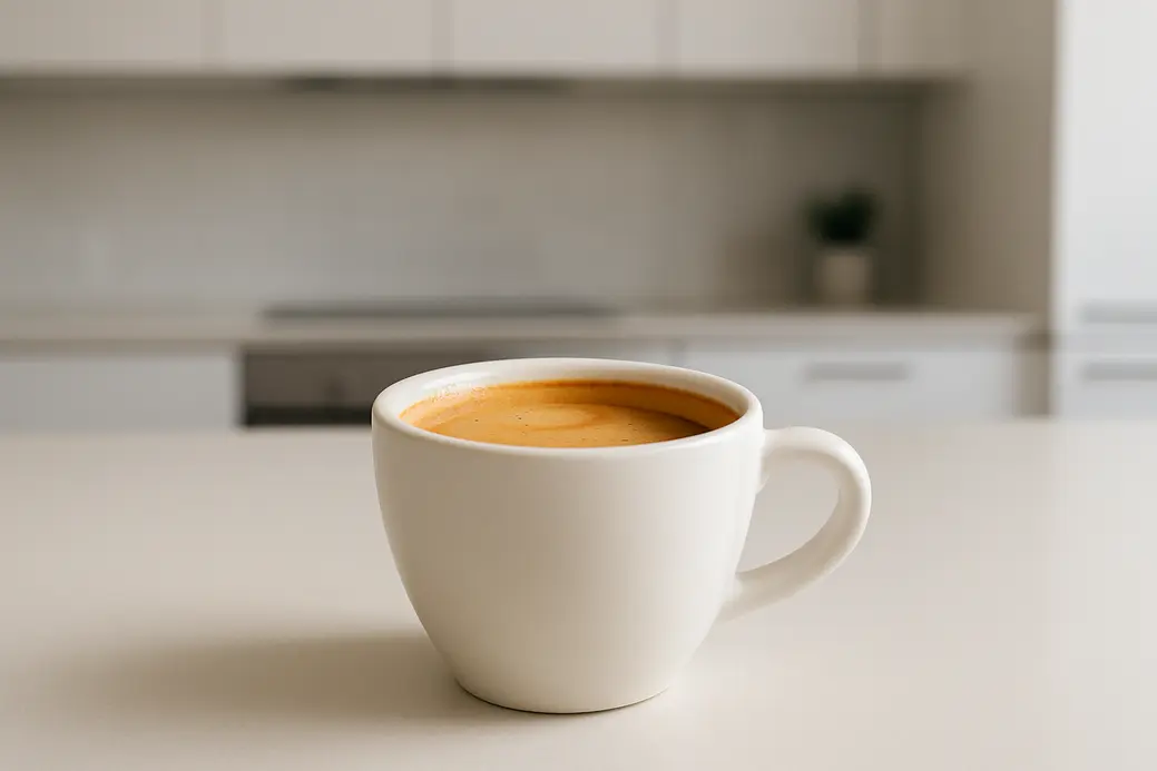 Photo of a single white coffee cup with coffee and crema, taken at a 45-degree angle in a modern kitchen with soft even lighting, clean and minimal background