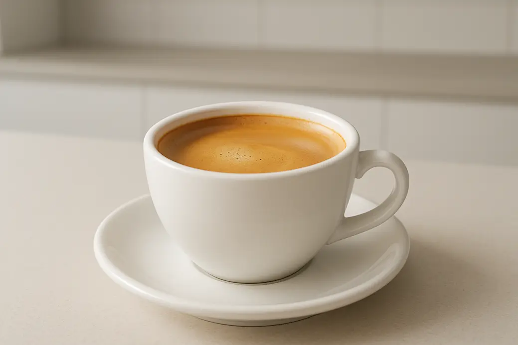 A white coffee cup photographed at a 45-degree angle showing coffee topped with a smooth crema layer, set against a clean modern kitchen background