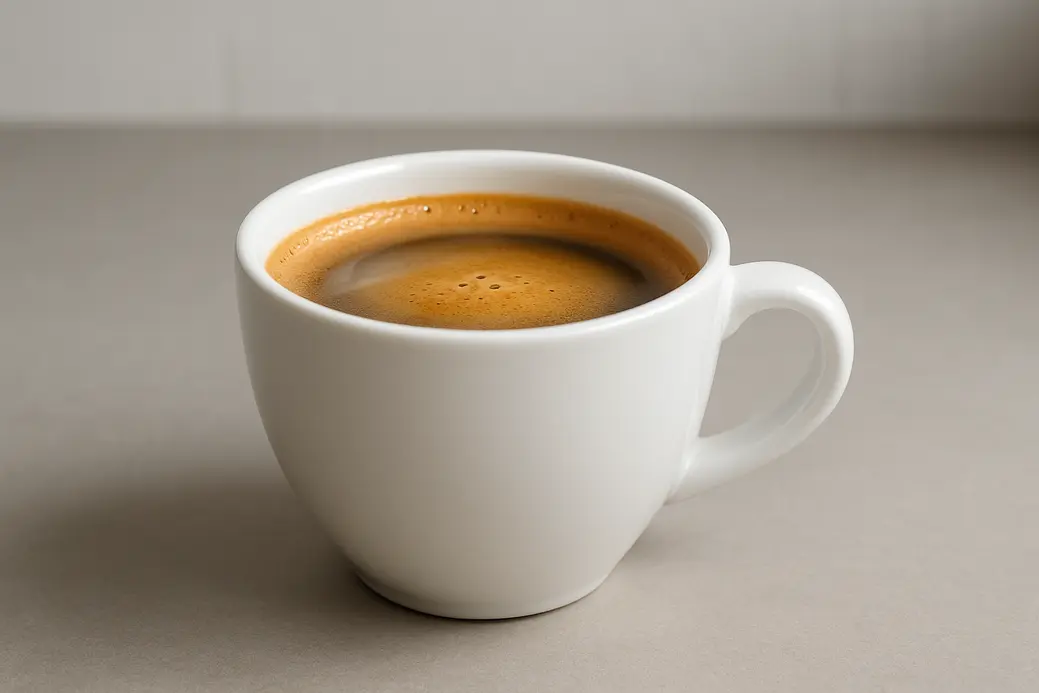 A white coffee cup with coffee and a crema layer, photographed at a 45-degree angle with soft lighting and a neutral modern kitchen background