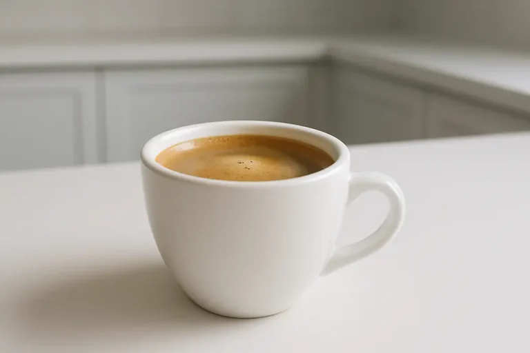 A single white coffee cup with a visible crema layer, photographed at a 45-degree angle in a modern kitchen with soft and even lighting, showcasing a clean and minimalist presentation.