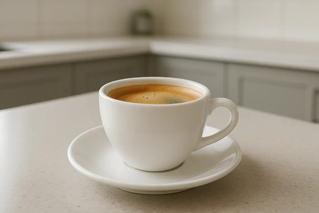 Single white coffee cup with visible crema layer, photographed at a 45-degree angle in a modern kitchen with soft even lighting.