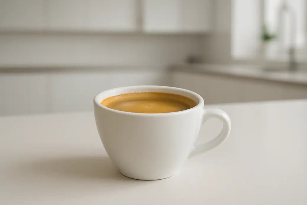A white coffee cup filled with coffee topped by a smooth crema layer, photographed at a 45-degree angle, centered on a clean modern kitchen countertop with soft, even lighting.