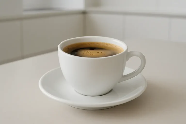 A white coffee cup filled with coffee showing a visible crema layer, photographed from a 45-degree angle with a clean modern kitchen background and soft even lighting.
