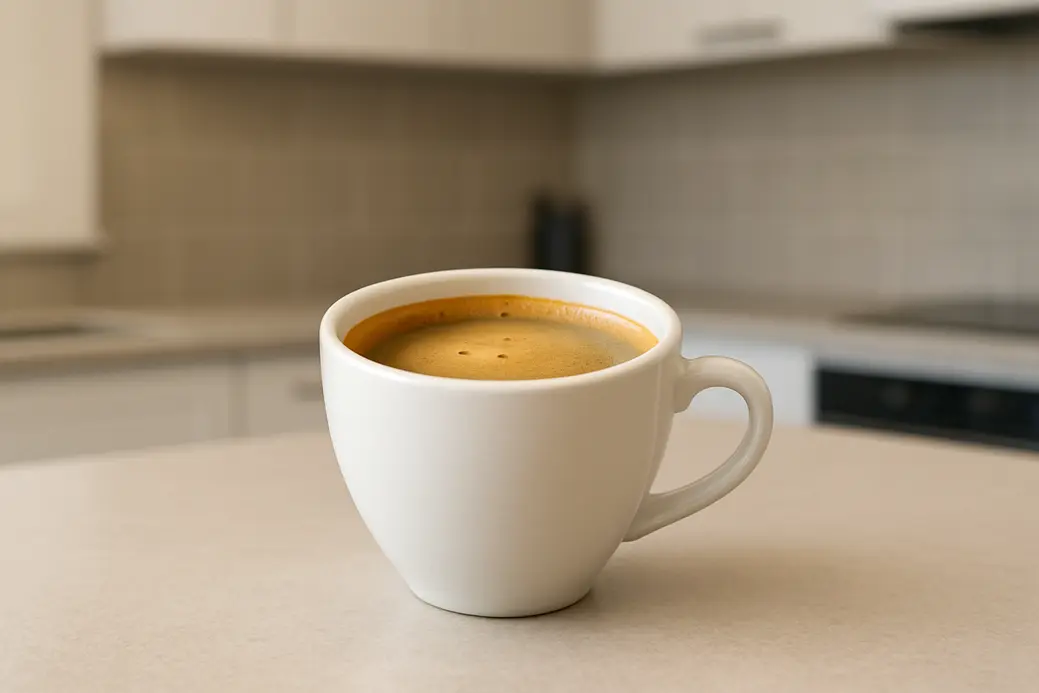 A clean, professional photo of a single white coffee cup viewed at a 45-degree angle, showing smooth coffee crema inside, placed centrally against a modern kitchen background with soft, even lighting.