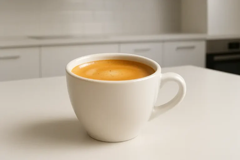 Clean product photo of a single white coffee cup with a smooth crema layer, captured at a 45-degree angle against a modern kitchen background with soft, even lighting.