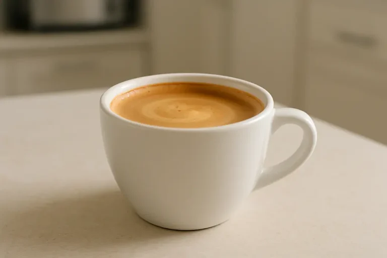 A clean product photo of a white coffee cup filled with coffee topped with a creamy layer, viewed from a 45-degree angle with a modern kitchen background and soft, even lighting.