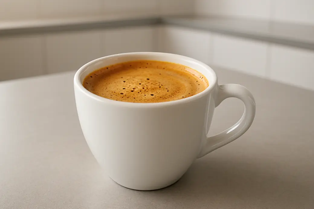 Single white coffee cup with rich crema layer on coffee, photographed at 45-degree angle in modern kitchen setting with soft even lighting