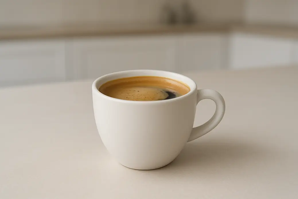 A clean white coffee cup filled with coffee topped by a smooth creamy crema layer, photographed in a modern kitchen setting under soft, even lighting at a 45-degree angle.