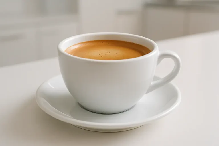 A clean white coffee cup with visible coffee and a smooth crema layer, photographed from a 45-degree angle with soft even lighting on a neutral background, suitable for a modern kitchen setting