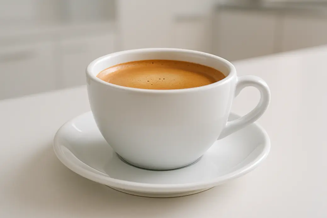 A clean white coffee cup with visible coffee and a smooth crema layer, photographed from a 45-degree angle with soft even lighting on a neutral background, suitable for a modern kitchen setting