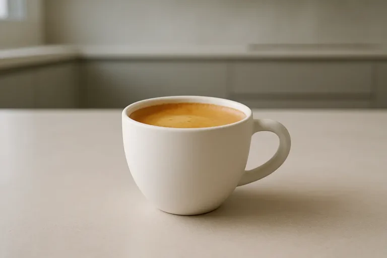 Close-up photo of a single white coffee cup with a smooth crema layer on coffee, photographed at a 45-degree angle in a modern kitchen with soft even lighting