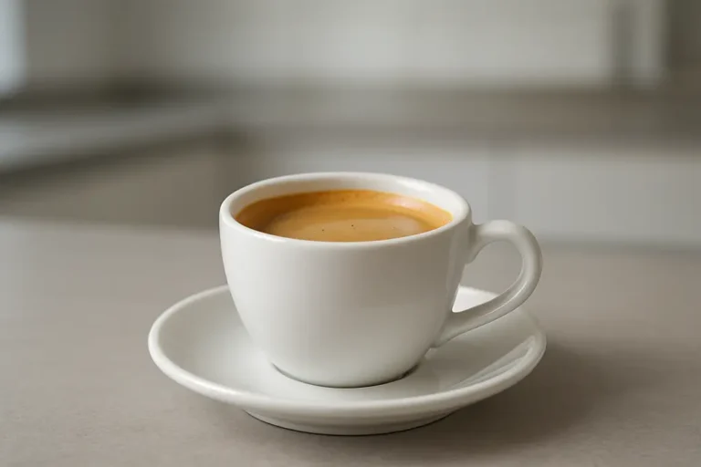 A single white coffee cup viewed at a 45-degree angle showing coffee with a smooth crema layer in a clean and neutral setting