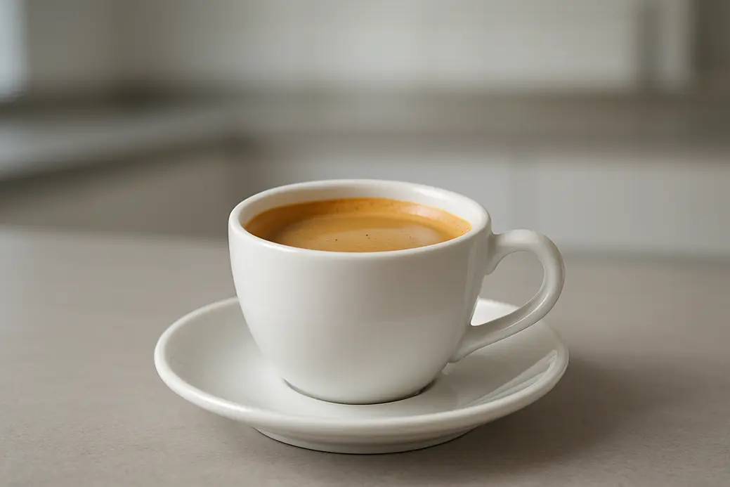 A single white coffee cup viewed at a 45-degree angle showing coffee with a smooth crema layer in a clean and neutral setting