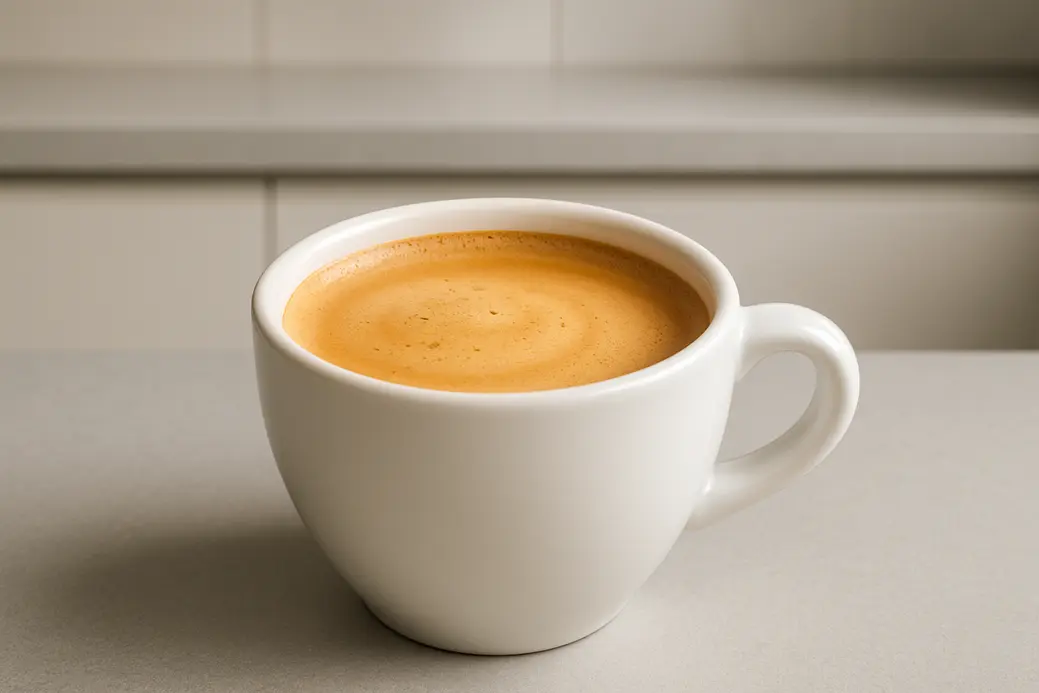 White coffee cup photographed at a 45-degree angle with smooth crema layer inside, placed centrally against a clean modern kitchen background under soft, even lighting