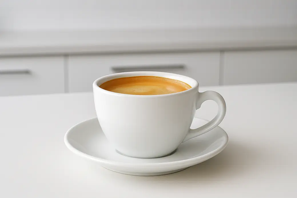 A white coffee cup with a smooth crema layer on top, photographed from a 45-degree angle, centered against a clean modern kitchen background with soft even lighting.