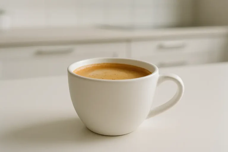 A white coffee cup centrally placed, showing a creamy coffee layer, photographed at a 45-degree angle with a clean modern kitchen background and soft even lighting