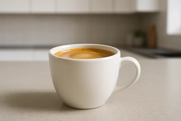Strakke productfoto van een witte koffiekop met koffie en een mooie crème laag, gefotografeerd vanuit een hoek van 45 graden met een moderne keukenachtergrond en zachte, gelijkmatige verlichting.