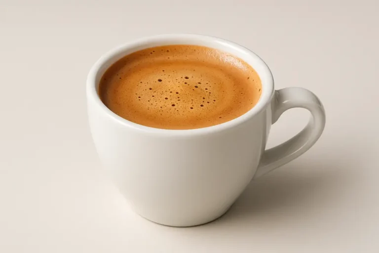 A clean, professional photo of a single white coffee cup with freshly brewed coffee and a smooth crema layer, captured at a 45-degree angle and centered on a neutral background.