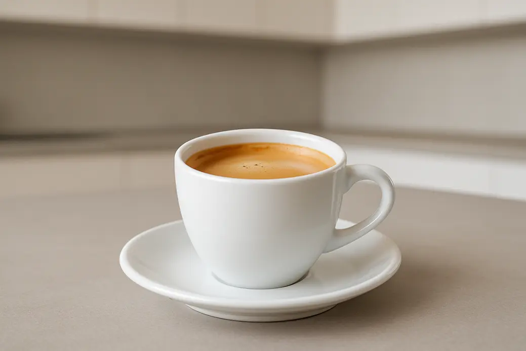 A clean white coffee cup containing coffee with a smooth crema layer, photographed at a 45-degree angle against a minimalist modern kitchen background under soft, even lighting.