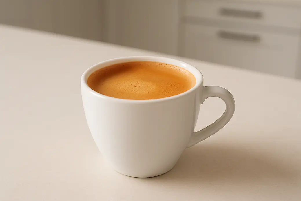 Close-up photo of a single white coffee cup with a perfect crema layer, captured from a 45-degree angle, with soft even lighting and a blurred modern kitchen background