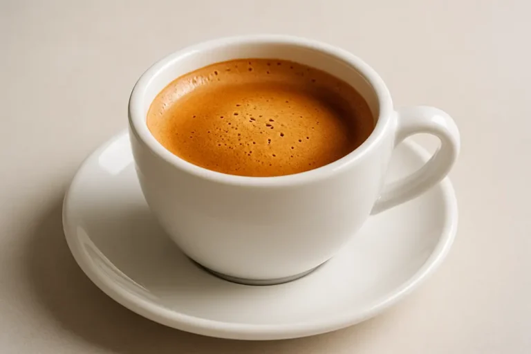 A clean, professional photo of a white coffee cup with freshly brewed coffee topped with a smooth crema, photographed from a 45-degree angle showing both the cup and the coffee inside.
