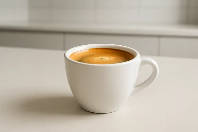 A white coffee cup with a smooth crema layer, photographed at a 45-degree angle against a clean and modern kitchen background with soft, even lighting.