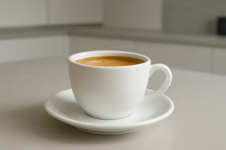 A clean, professional photo of a white coffee cup filled with coffee and a smooth crema layer, photographed from a 45-degree angle, centered and fully visible against a modern kitchen background with soft even lighting.