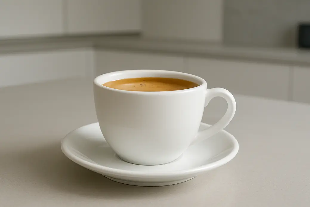 A clean, professional photo of a white coffee cup filled with coffee and a smooth crema layer, photographed from a 45-degree angle, centered and fully visible against a modern kitchen background with soft even lighting.