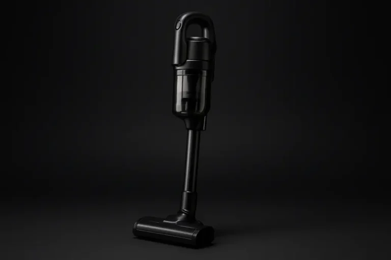 High-quality product photo of a single wireless vacuum cleaner on a black background with even soft lighting and a spotlight highlighting the vacuum cleaner centrally, showing the clean and sleek design in sharp focus.