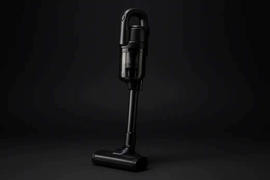 High-quality product photo of a single wireless vacuum cleaner on a black background with even soft lighting and a spotlight highlighting the vacuum cleaner centrally, showing the clean and sleek design in sharp focus.