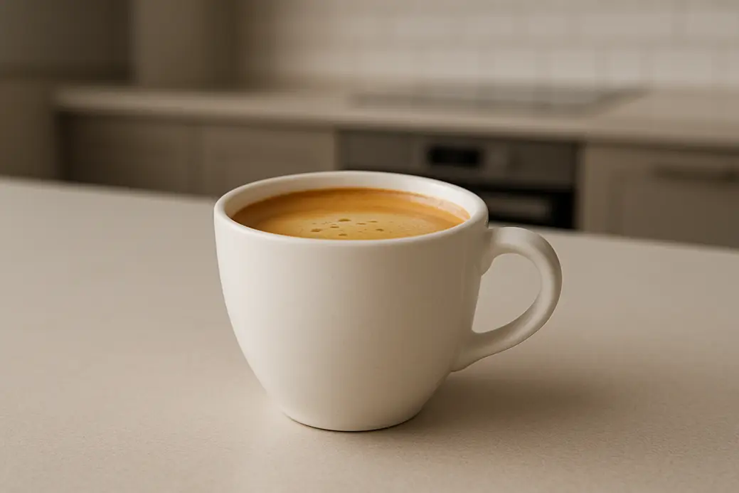 White coffee cup photographed at a 45-degree angle showing coffee with a crema layer inside, centered against a modern kitchen background with even lighting