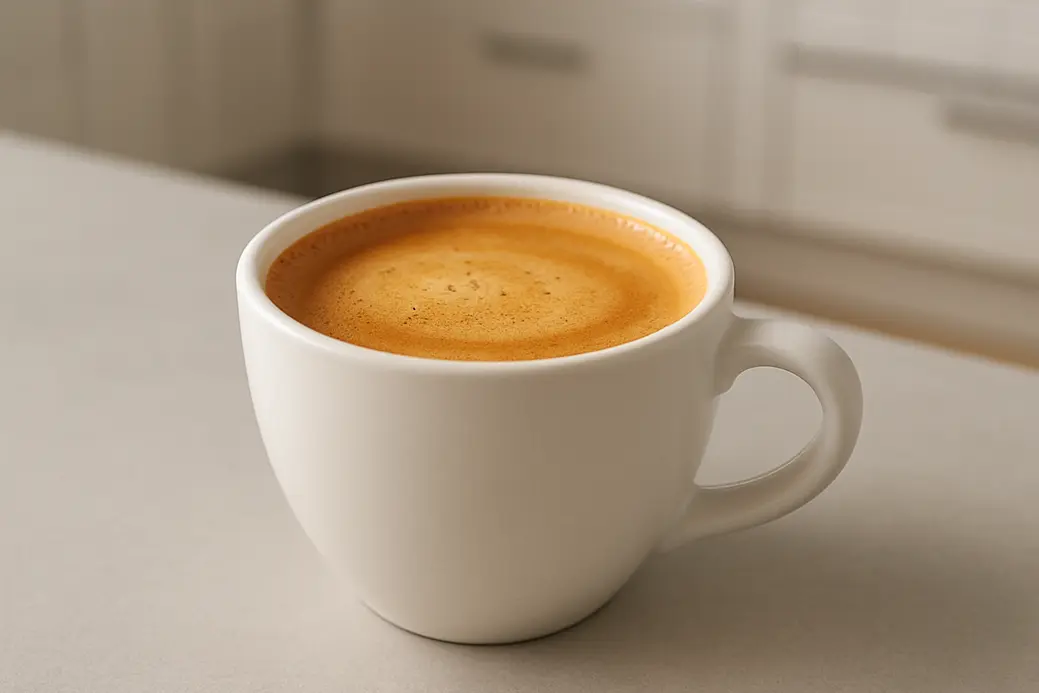 A clean white coffee cup filled to the brim with coffee topped by a smooth crema layer, photographed at a 45-degree angle with soft, even lighting against a modern kitchen background