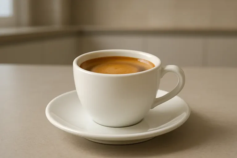 A clean product photo of a single white coffee cup with visible coffee and crema layer, photographed at a 45-degree angle in a modern kitchen setting with soft, even lighting and a neutral background.