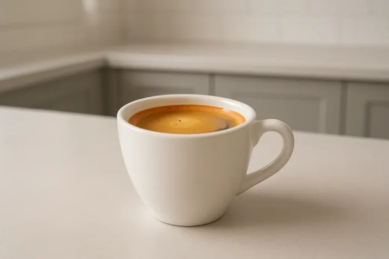 A white coffee cup captured at a 45-degree angle with coffee and a crema layer, placed in a modern kitchen environment with soft, even lighting and a clean, neutral background.