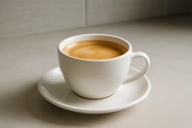 A white ceramic coffee cup filled with coffee topped by a smooth crema layer, photographed at a 45-degree angle against a clean modern kitchen background under soft even lighting.