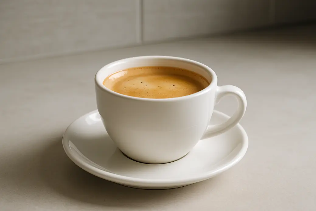 A white ceramic coffee cup filled with coffee topped by a smooth crema layer, photographed at a 45-degree angle against a clean modern kitchen background under soft even lighting.