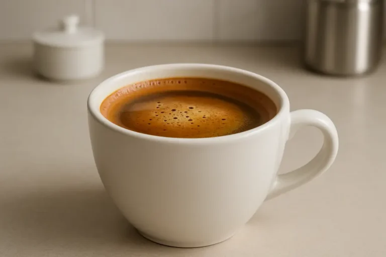 White coffee cup with visible crema layer, photographed from a 45-degree angle with modern kitchen background and soft lighting