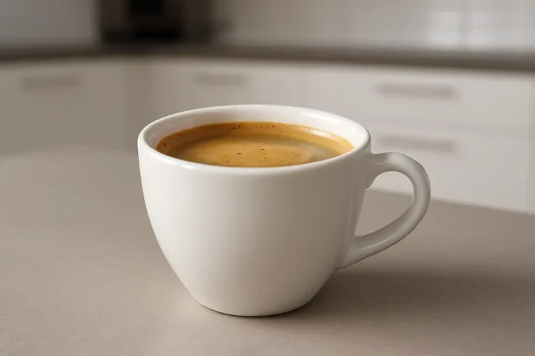 A clean, professionally shot white coffee cup with creamy coffee layer, centrally placed on a modern kitchen background, photographed at a 45-degree angle with soft even lighting