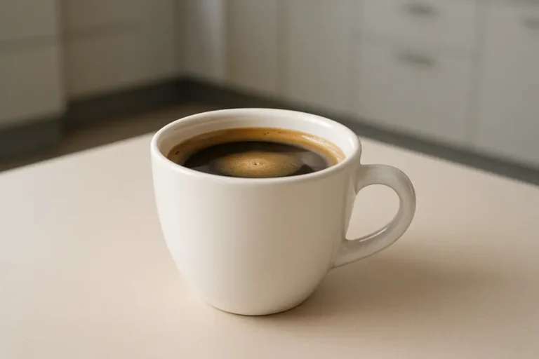 Close-up photograph of a single white coffee cup with visible creamy coffee crema, placed centrally and photographed at a 45-degree angle in a modern kitchen setting with soft, even lighting